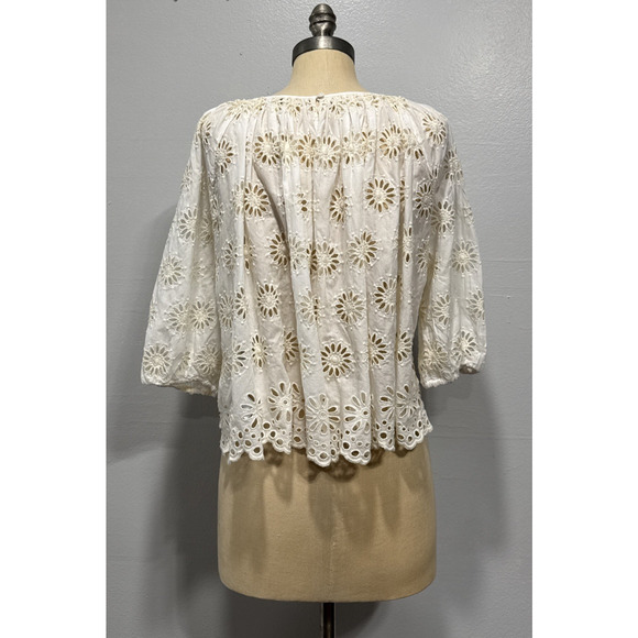MADEWELL Embroidered Shirred Puff-Sleeve Top M Floral Eyelet Ivory Boho Peasant - Picture 2 of 12